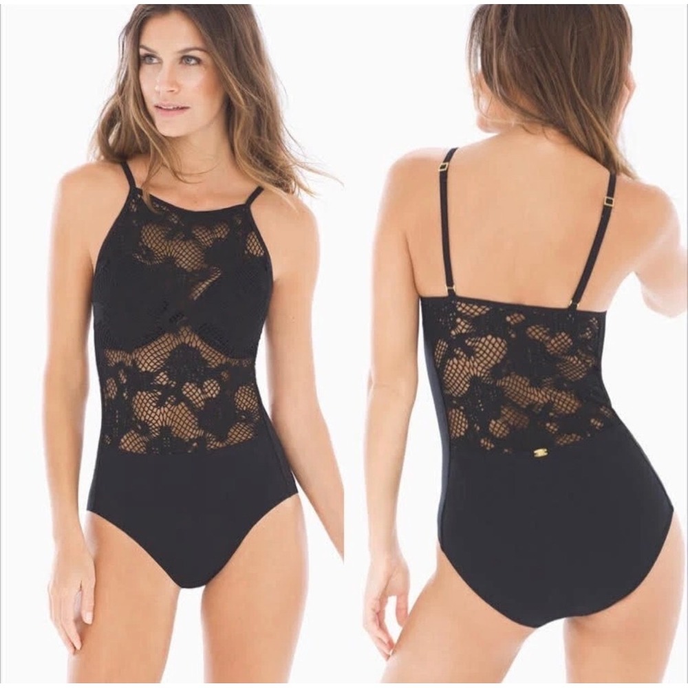 AMORESSA Black Cristobel Crochet Lace High Neck One Piece Swimsuit Women US 12